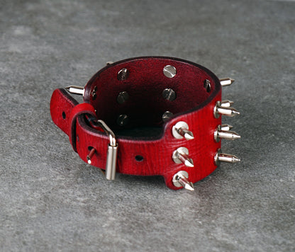 heavy duty red leather spike bracelet