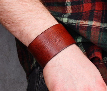 brown wide leather cuff bracelet 4cm handmade vegetable tanned leather