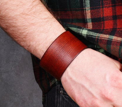 brown wide leather cuff bracelet 4cm handmade vegetable tanned leather