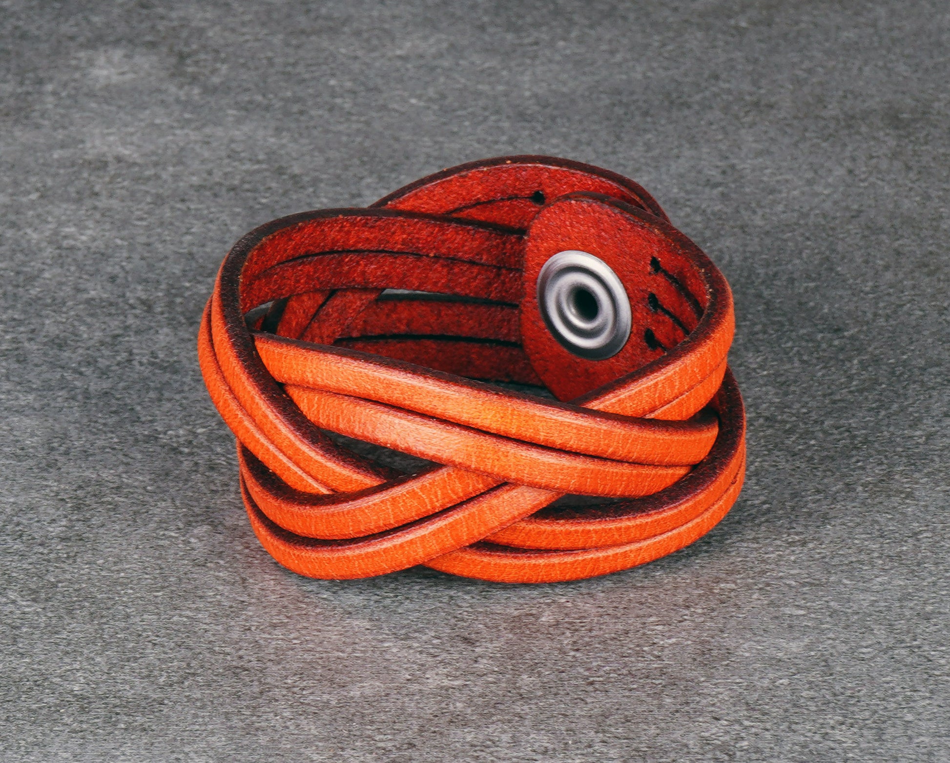 orange leather cuff bracelet handmade vegetable tanned