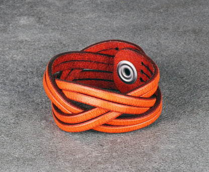 orange leather cuff bracelet handmade vegetable tanned