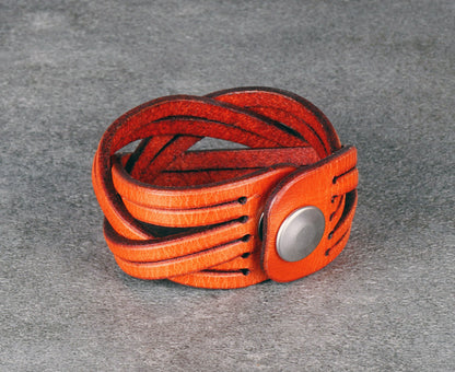 orange leather cuff bracelet handmade vegetable tanned