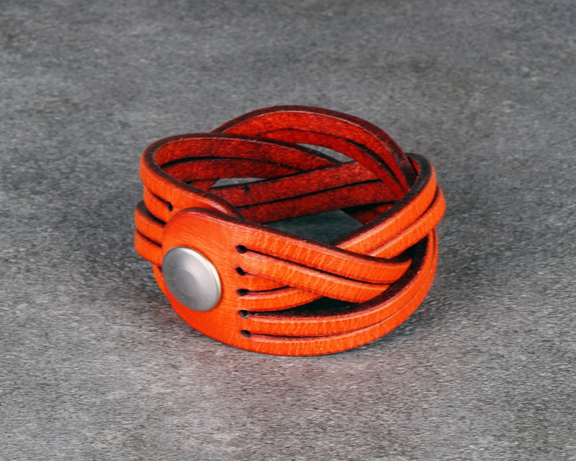 orange leather cuff bracelet handmade vegetable tanned
