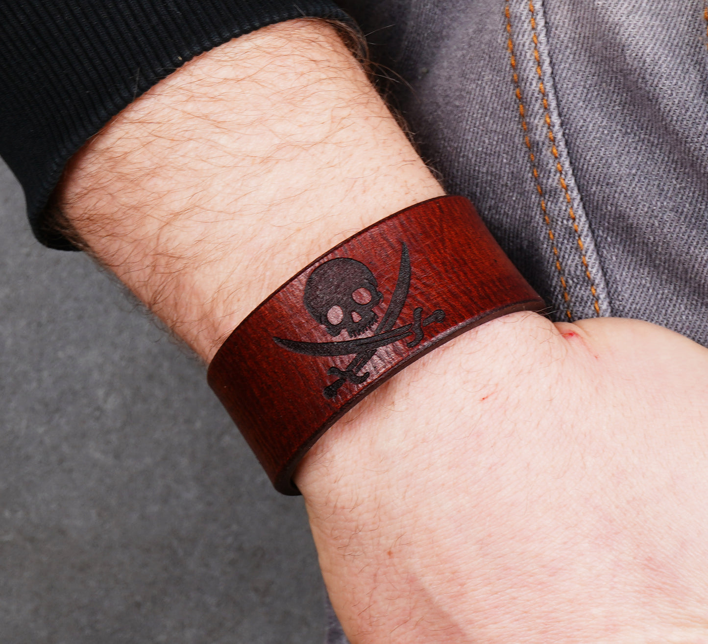 brown jolly roger leather bracelet handmade skull cuff