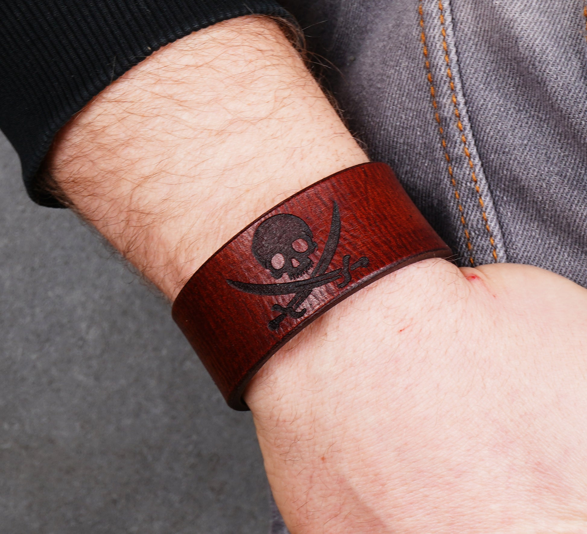 brown jolly roger leather bracelet handmade skull cuff