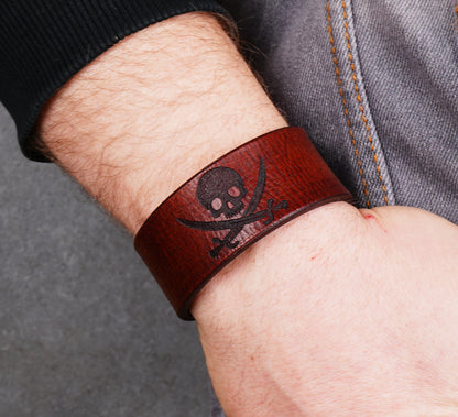 brown jolly roger leather bracelet handmade skull cuff