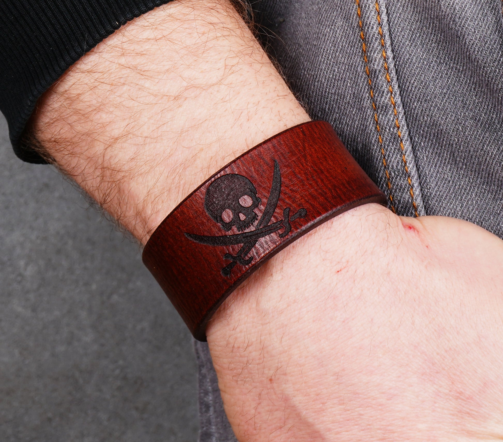brown jolly roger leather bracelet handmade skull cuff