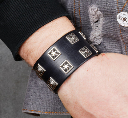 spiked black leather cuff bracelet handmade 4cm wide