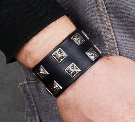 spiked black leather cuff bracelet handmade 4cm wide