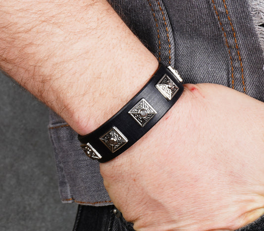 spiked black leather bracelet narrow handmade leather cuff