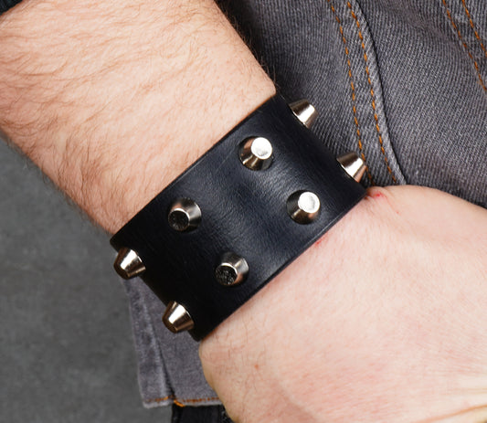 wide black leather spiked cuff bracelet handmade