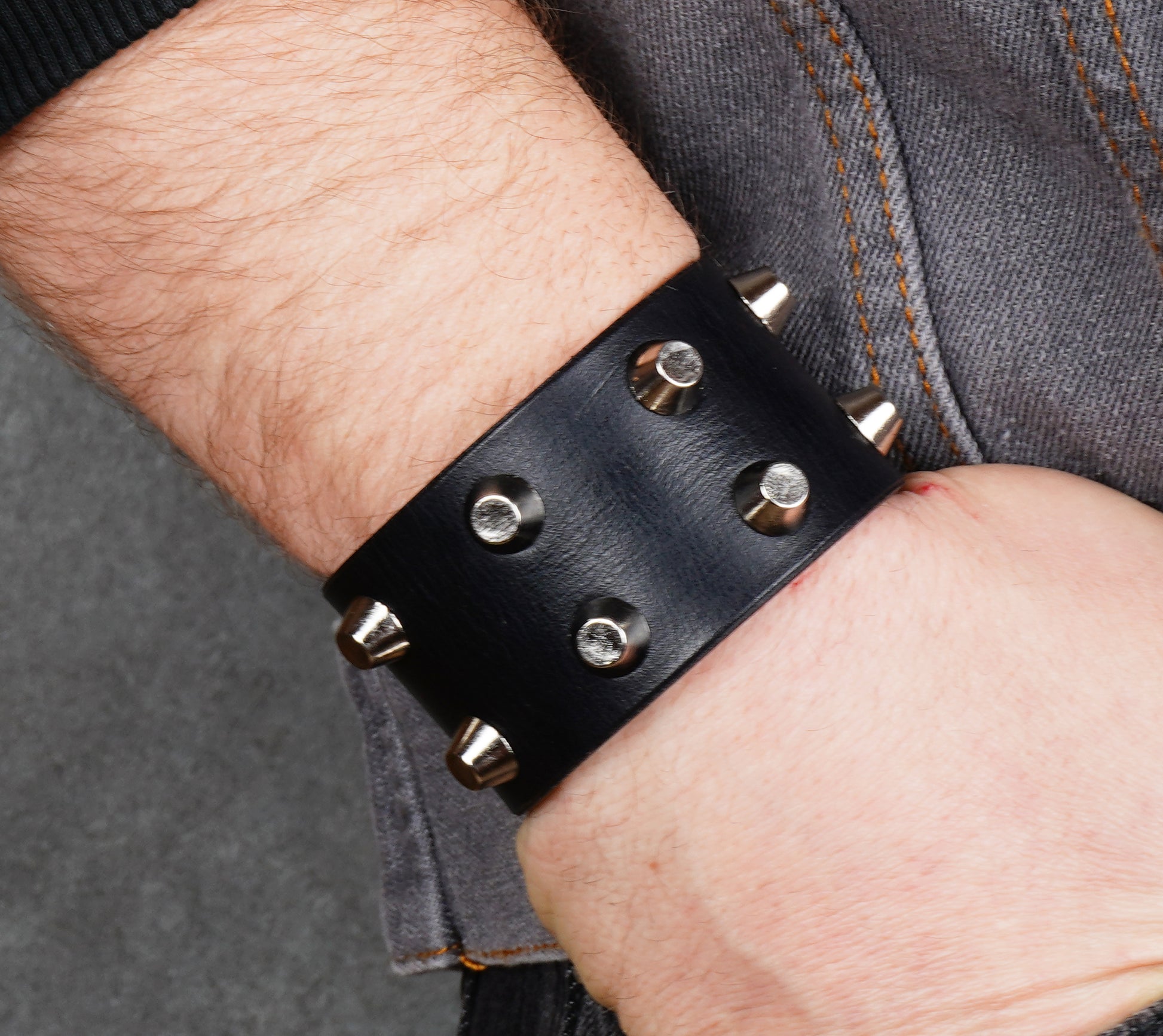 wide black leather spiked cuff bracelet handmade