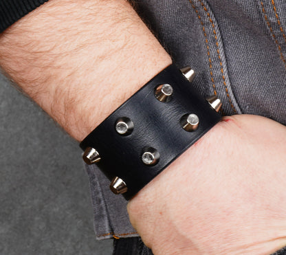 wide black leather spiked cuff bracelet handmade