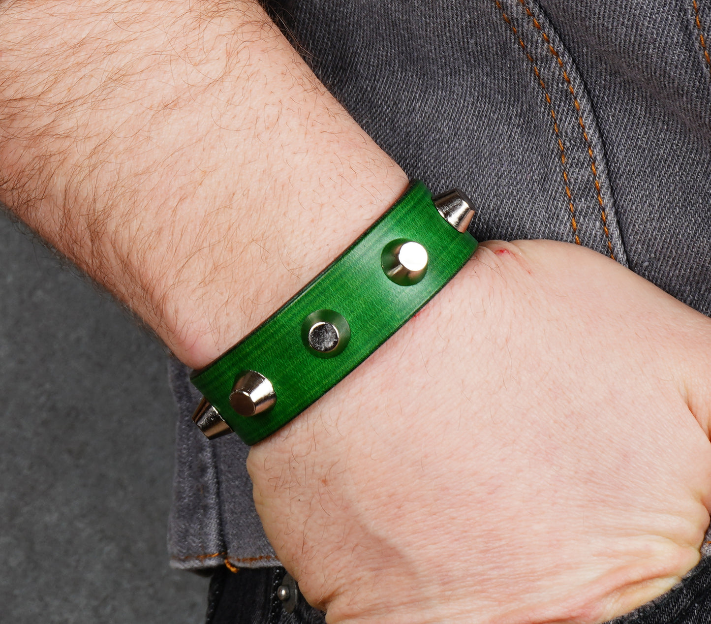 green spiked leather bracelet handmade 2cm leather cuff