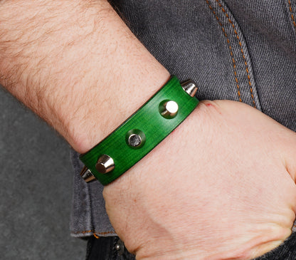 green spiked leather bracelet handmade 2cm leather cuff