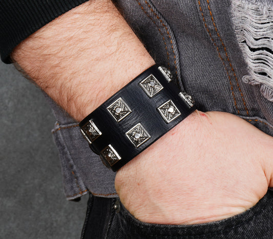 wide black leather bracelet with spikes handmade cuff