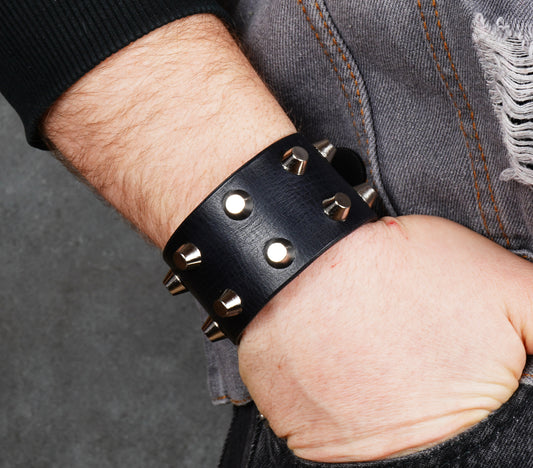 wide black leather cuff bracelet handmade vegetable tanned leather