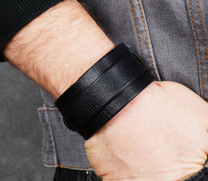 black leather bracelet cuff handmade adjustable wristband