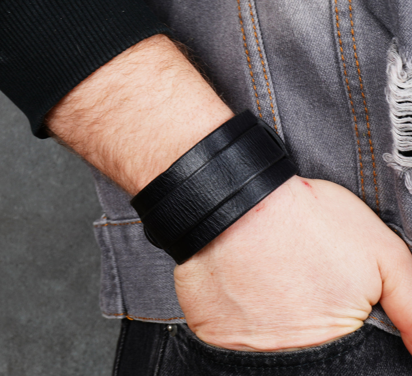 black leather bracelet cuff handmade adjustable wristband