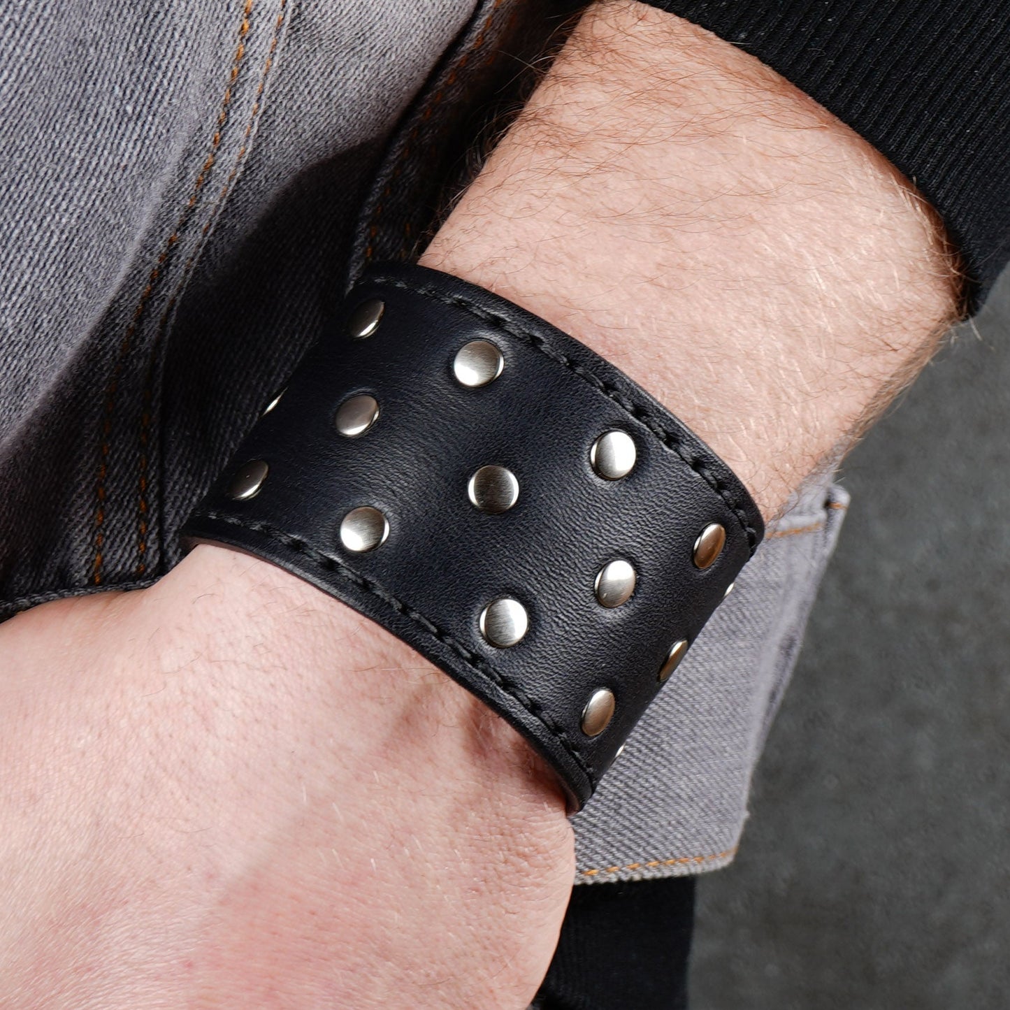 punk style black leather cuff bracelet