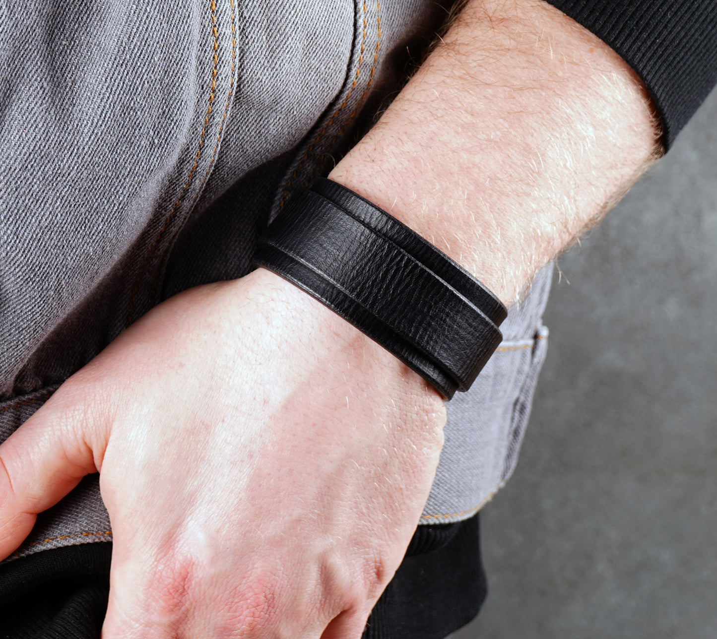 minimalist black leather cuff bracelet