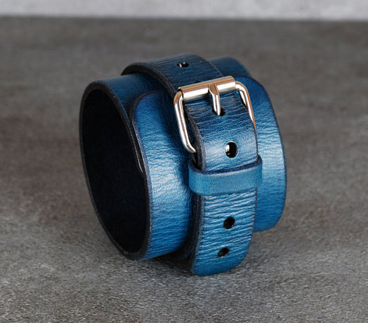 wide blue leather bracelet handmade cuff