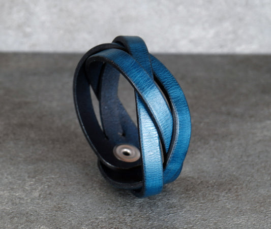 handcrafted blue leather wristband durable vegetable tanned leather
