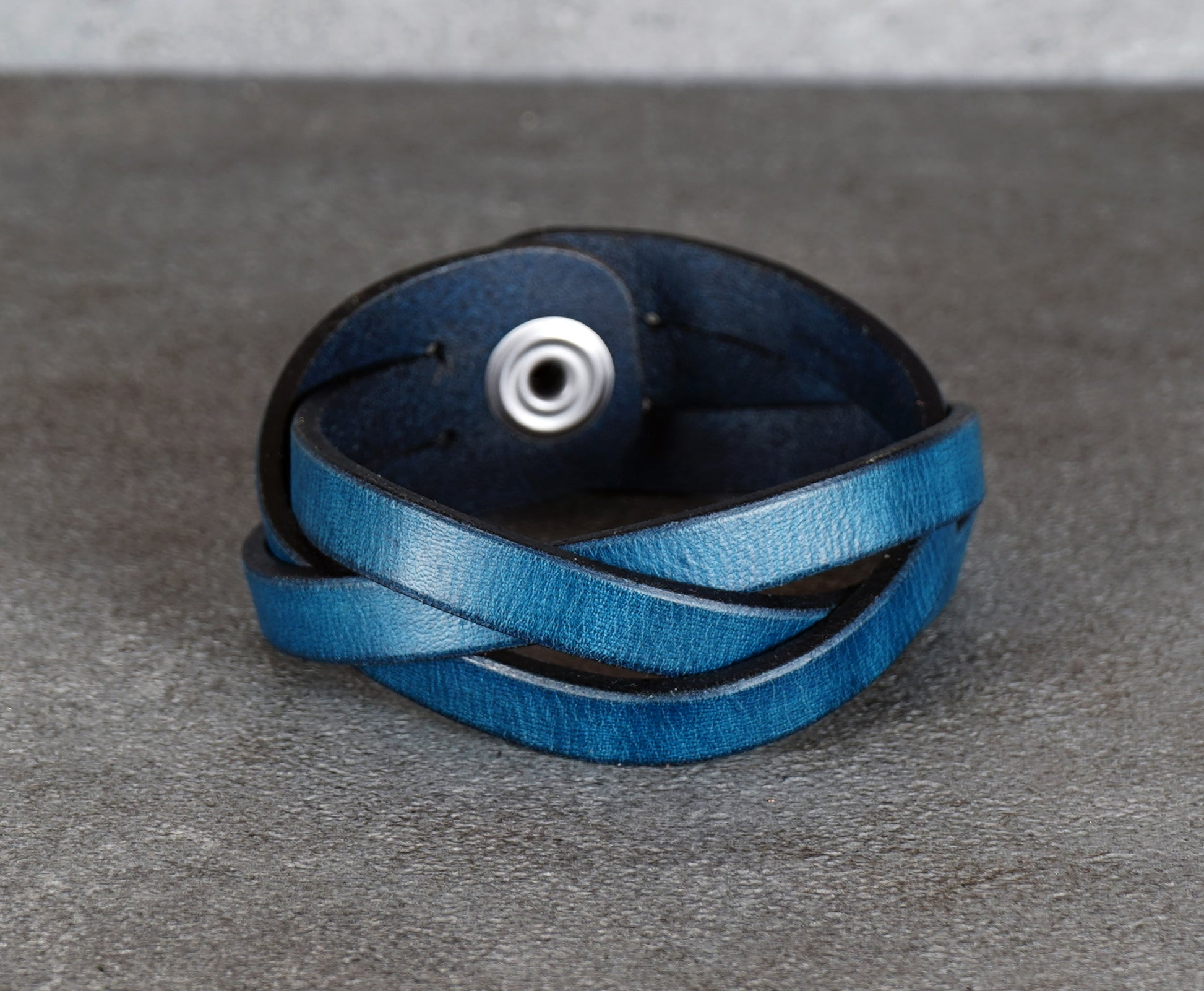 handcrafted blue leather wristband durable vegetable tanned leather