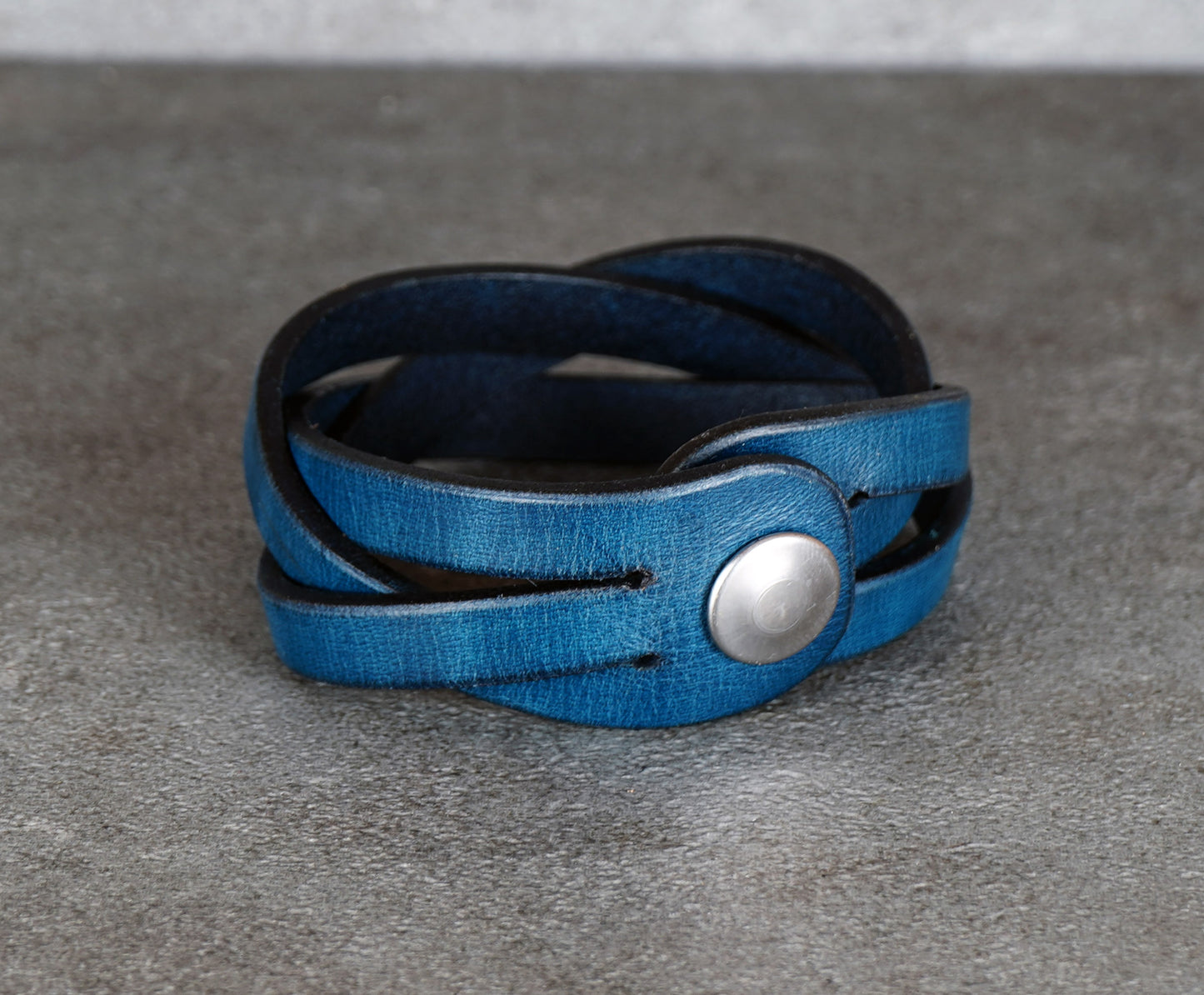 handcrafted blue leather wristband durable vegetable tanned leather