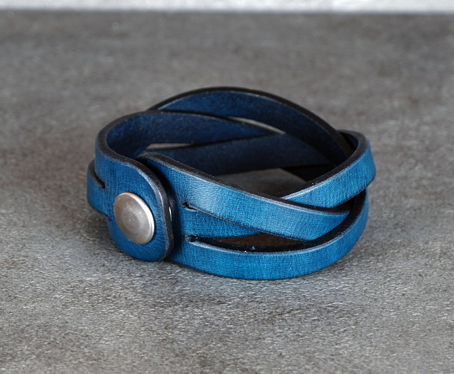 handcrafted blue leather wristband durable vegetable tanned leather