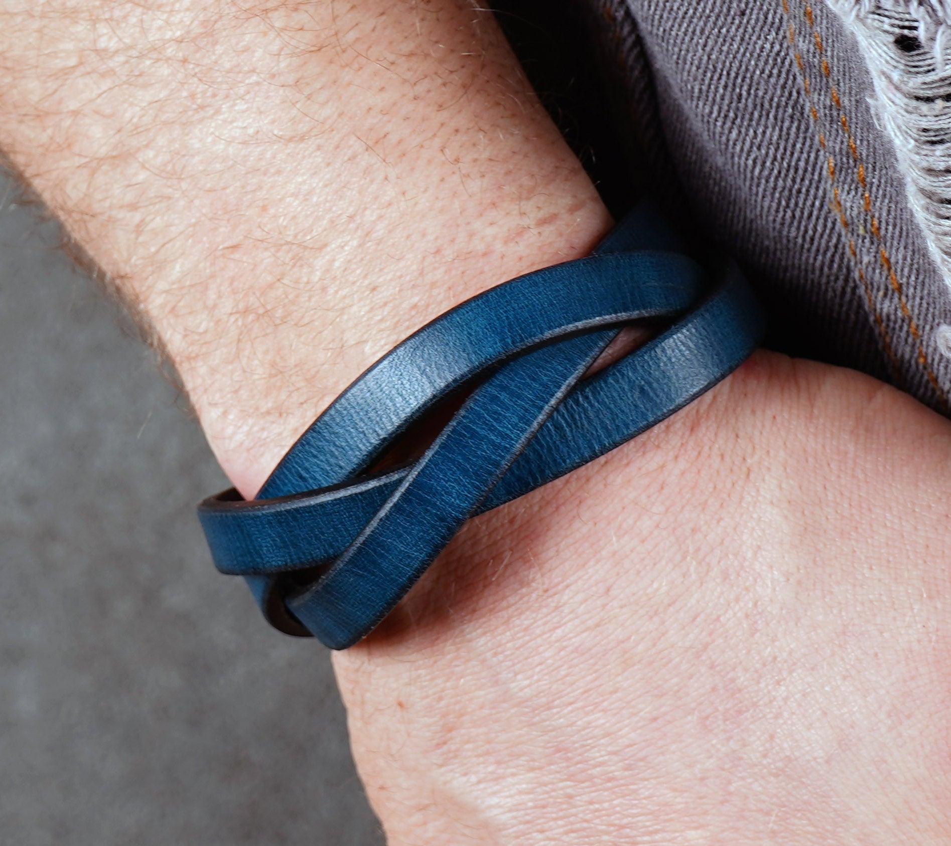 handcrafted blue leather wristband durable vegetable tanned leather