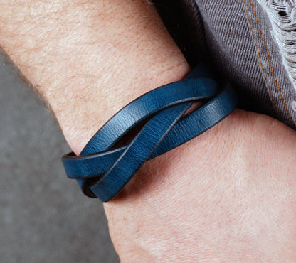 handcrafted blue leather wristband durable vegetable tanned leather