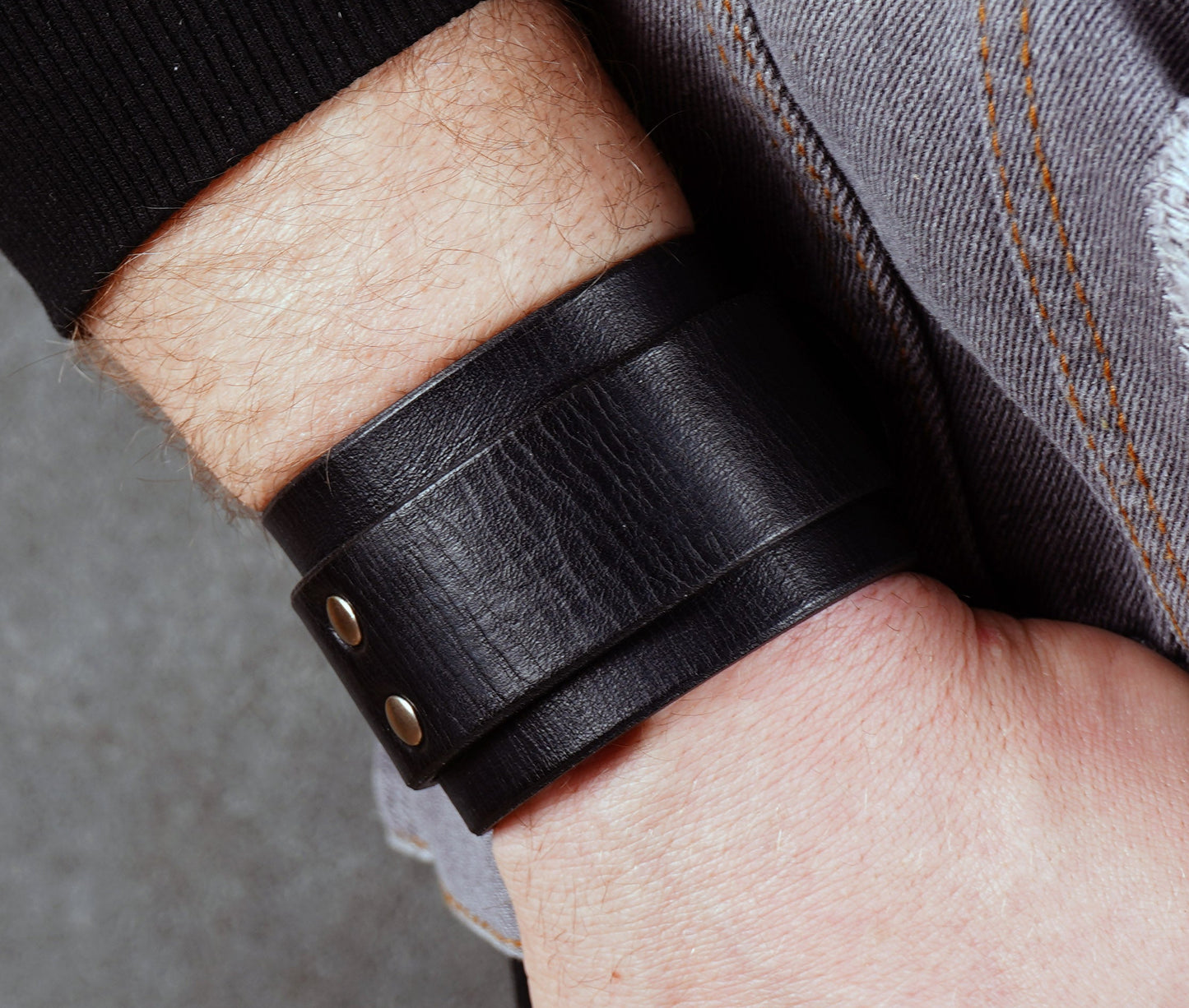 Black wide leather cuff bracelet