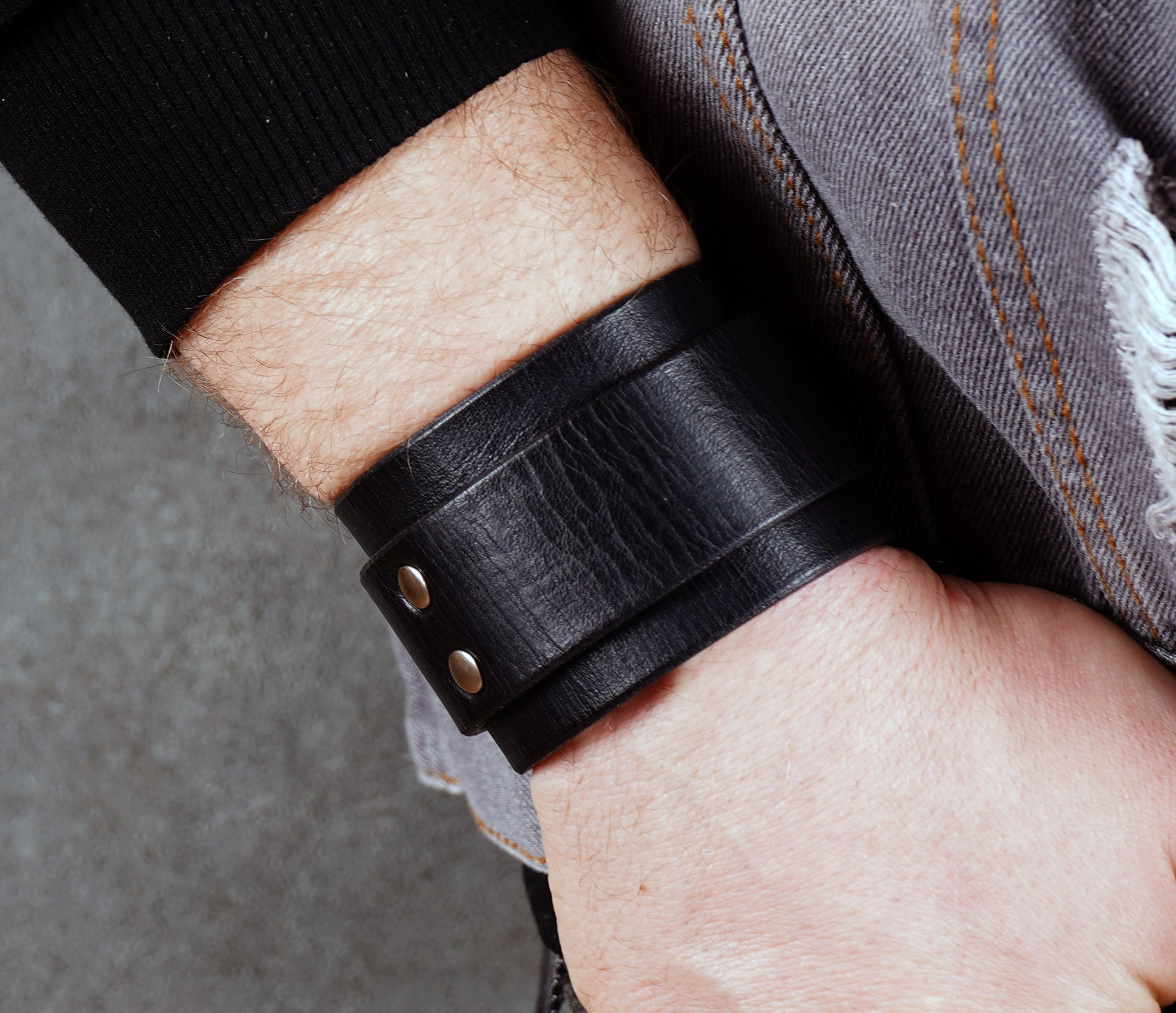 Black wide leather cuff bracelet