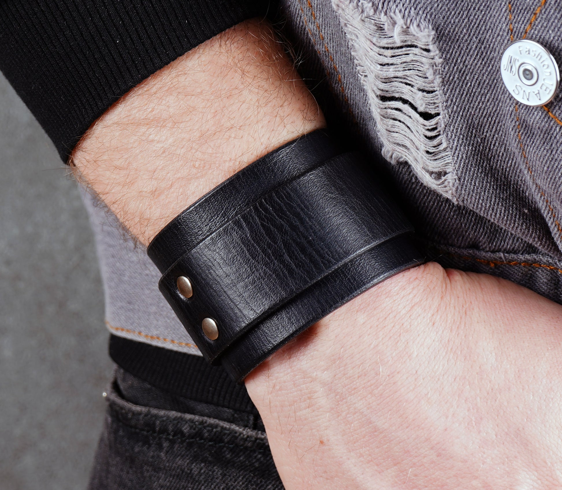 Black wide leather cuff bracelet