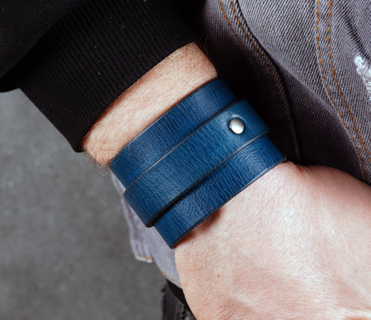 wide blue leather bracelet handmade cuff