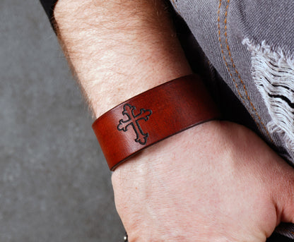 minimalist leather cuff bracelet with cross design unisex accessory