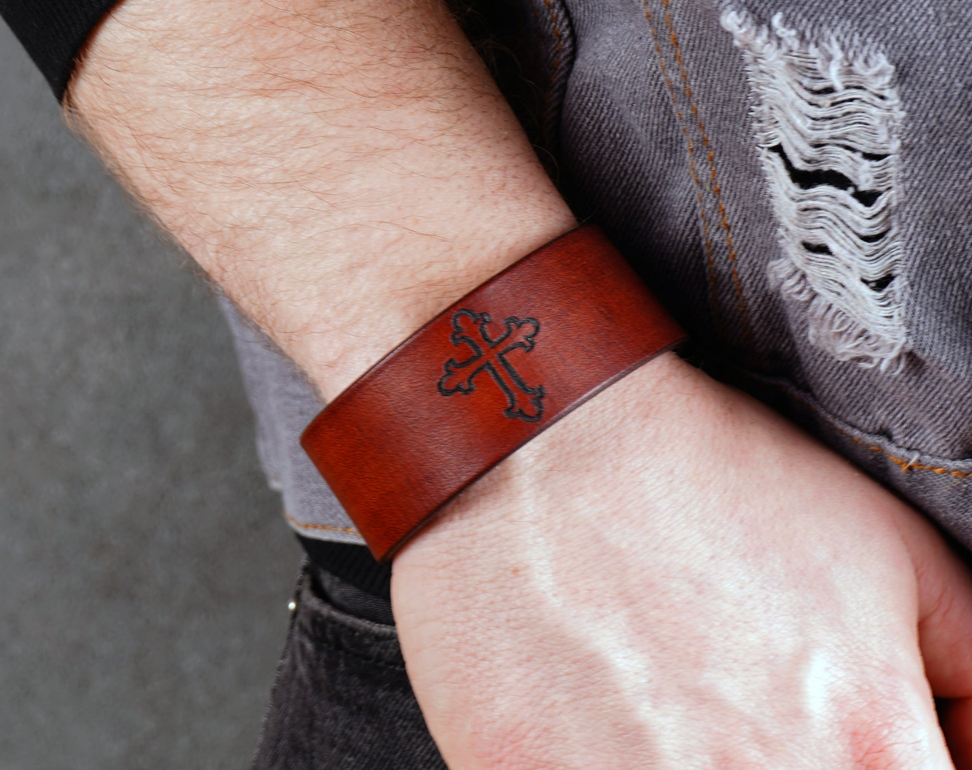 minimalist leather cuff bracelet with cross design unisex accessory