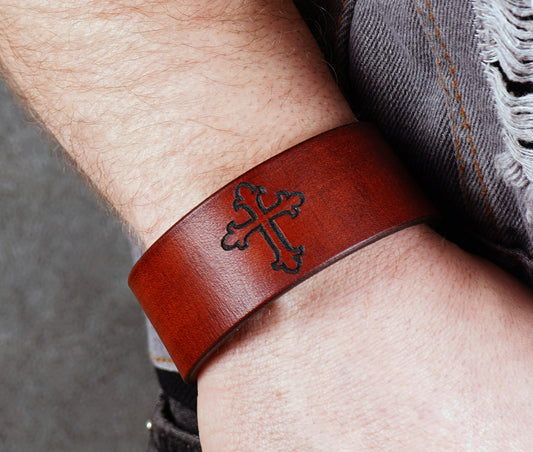 minimalist leather cuff bracelet with cross design unisex accessory