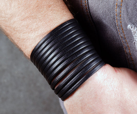 Black wide leather cuff bracelet