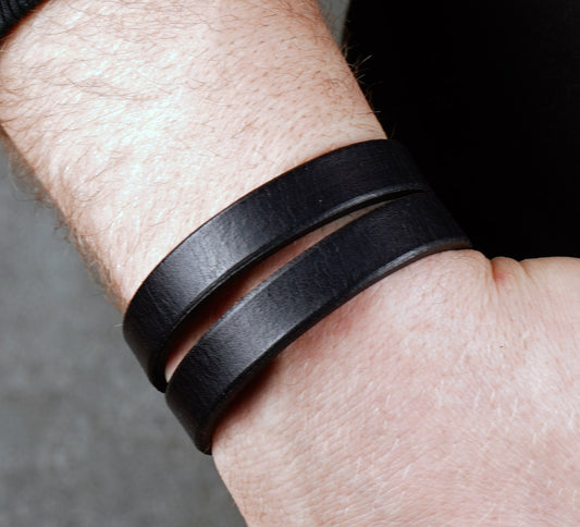 black leather bracelet handcrafted vegetable tanned minimalist unisex cuff