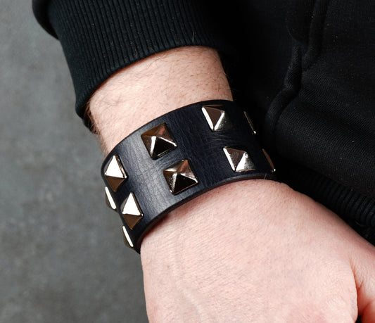 black leather studded bracelet close-up