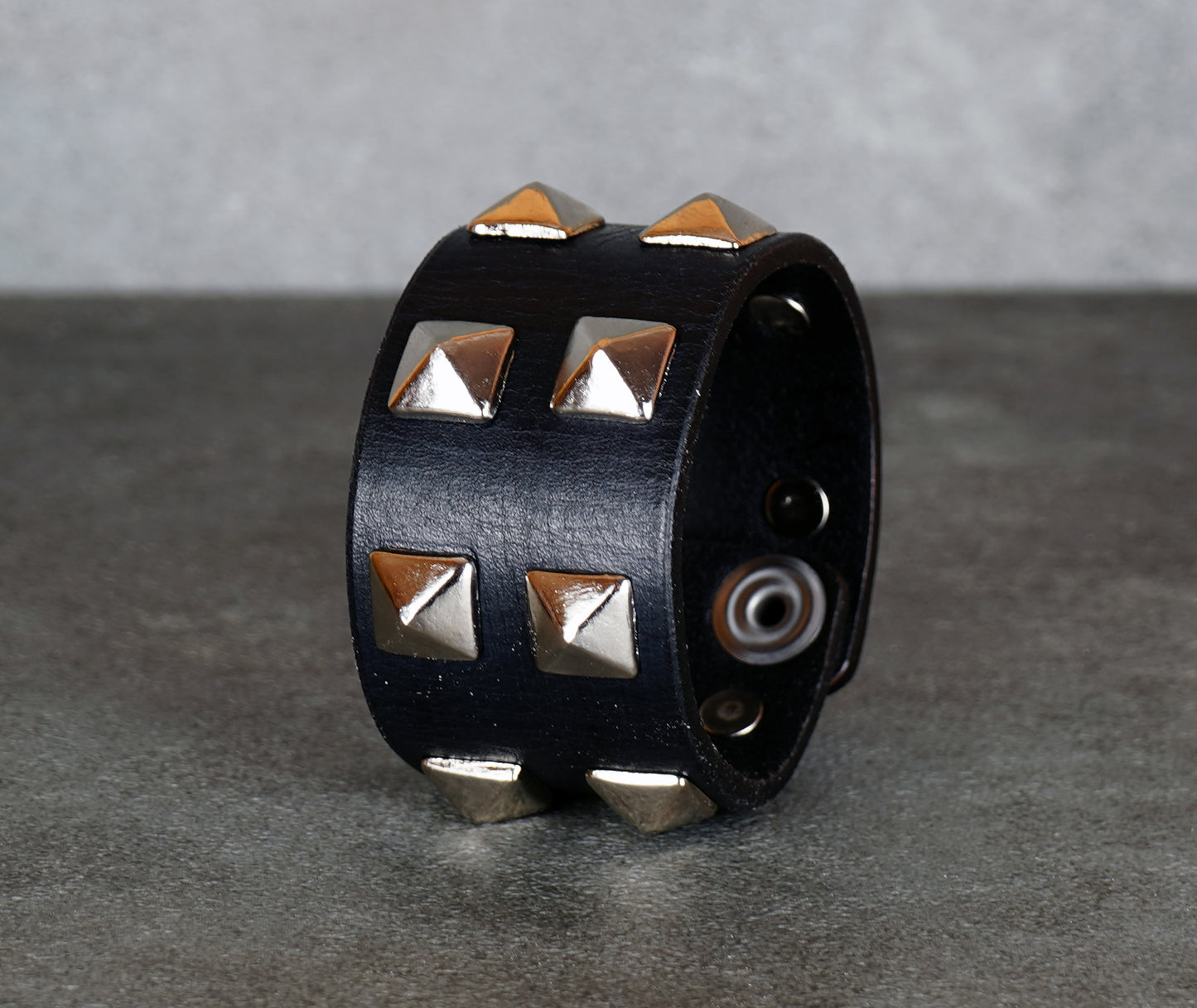 black leather studded bracelet close-up