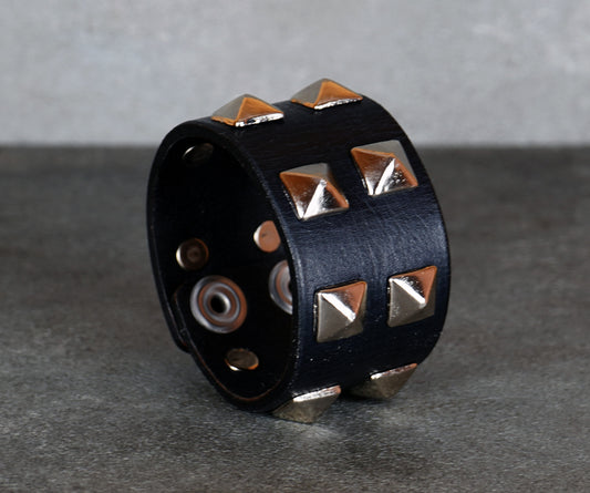 black leather studded bracelet close-up