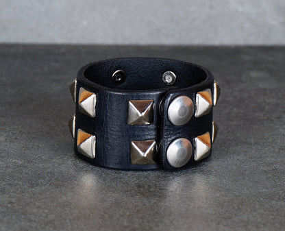 black leather studded bracelet close-up