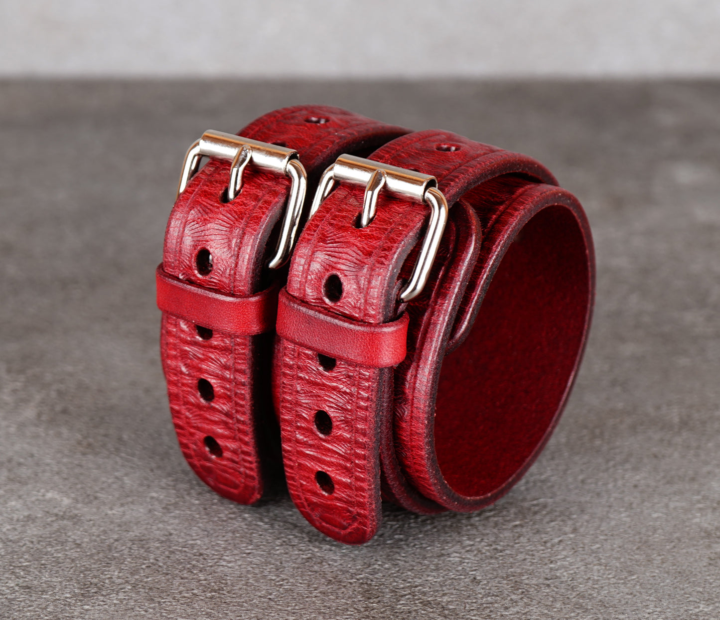 handmade  wide red leather bracelet close up