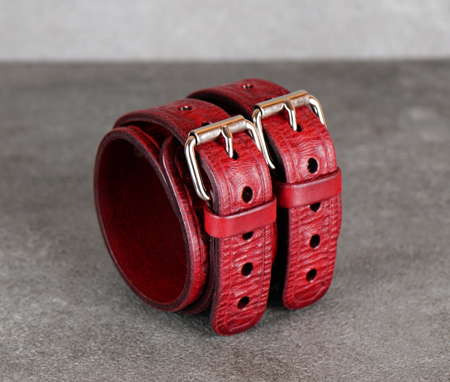 handmade  wide red leather bracelet close up