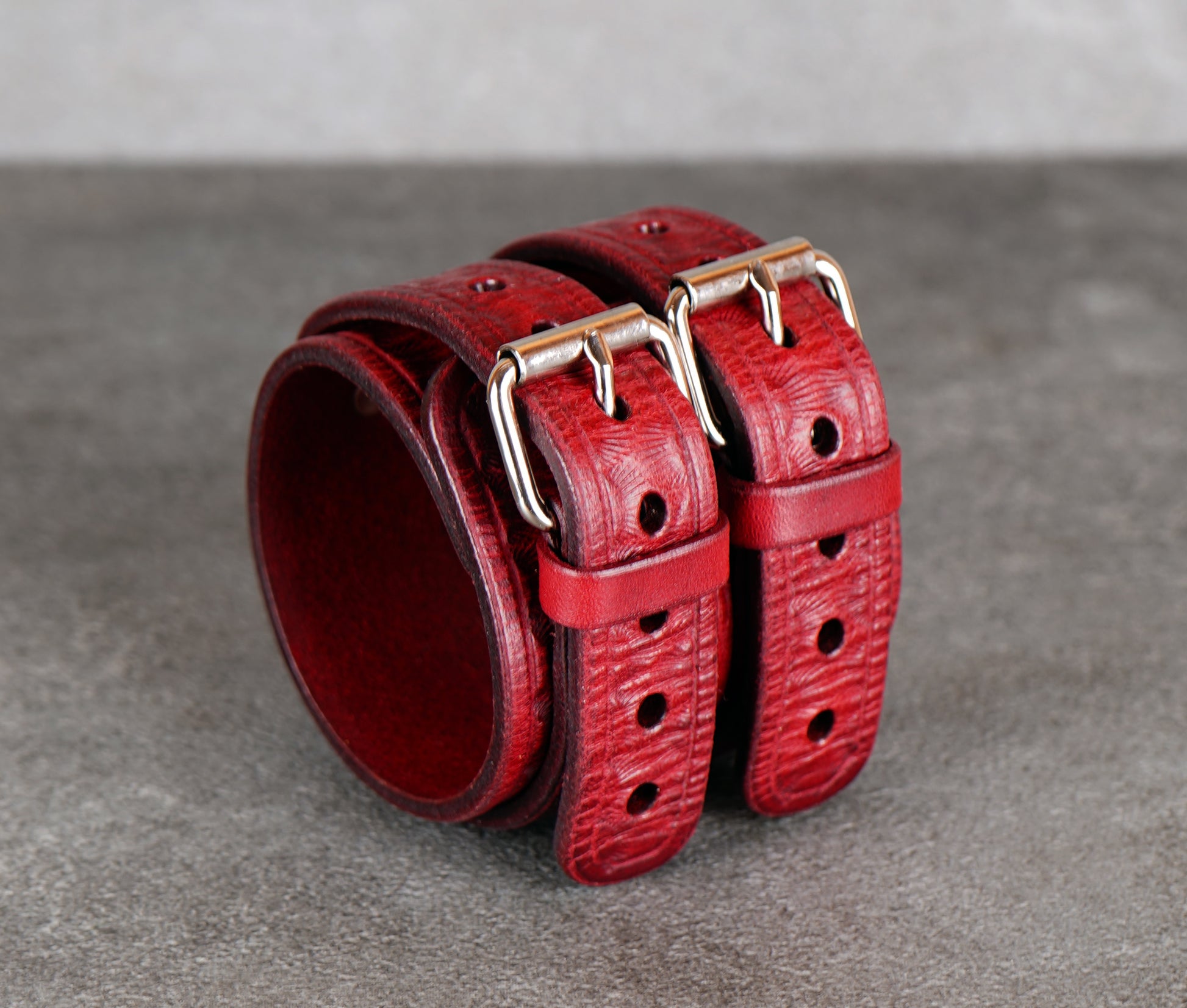 handmade  wide red leather bracelet close up