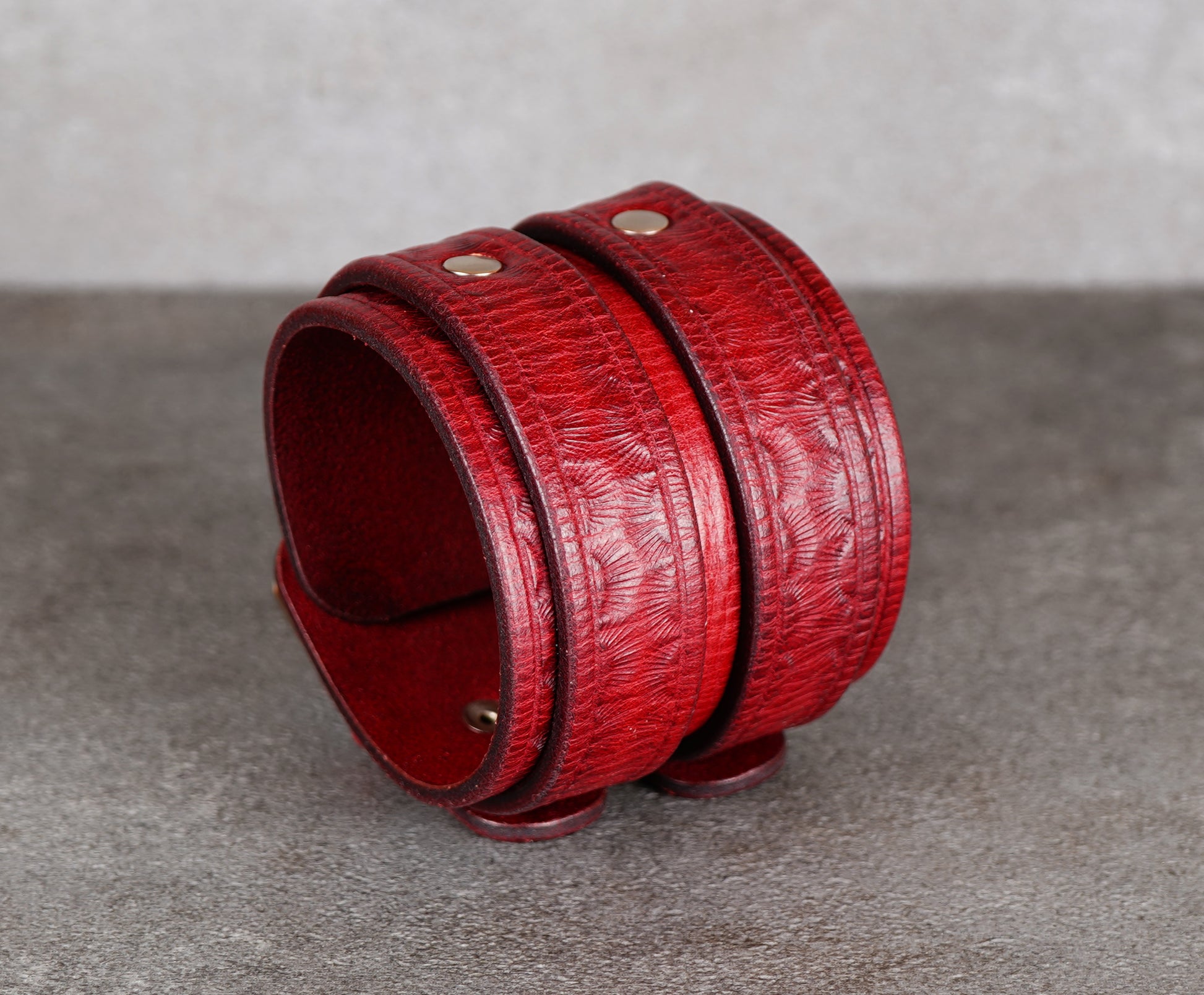 handmade  wide red leather bracelet close up