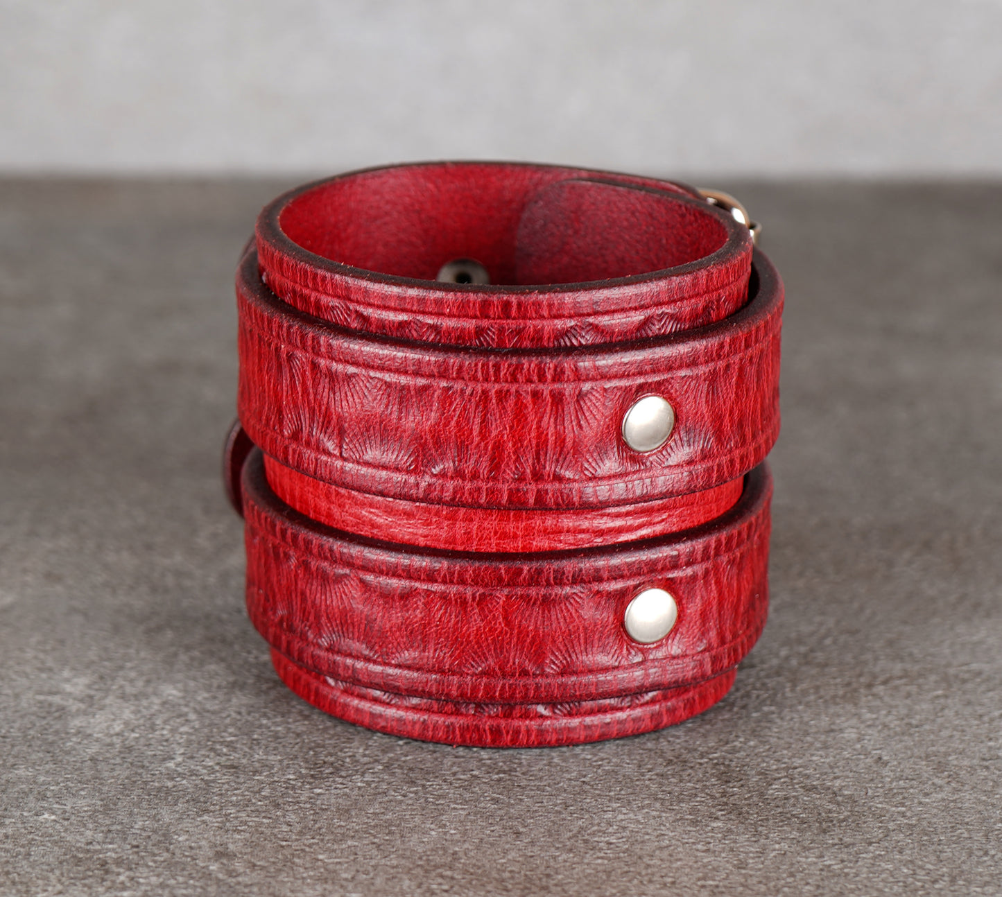 handmade  wide red leather bracelet close up